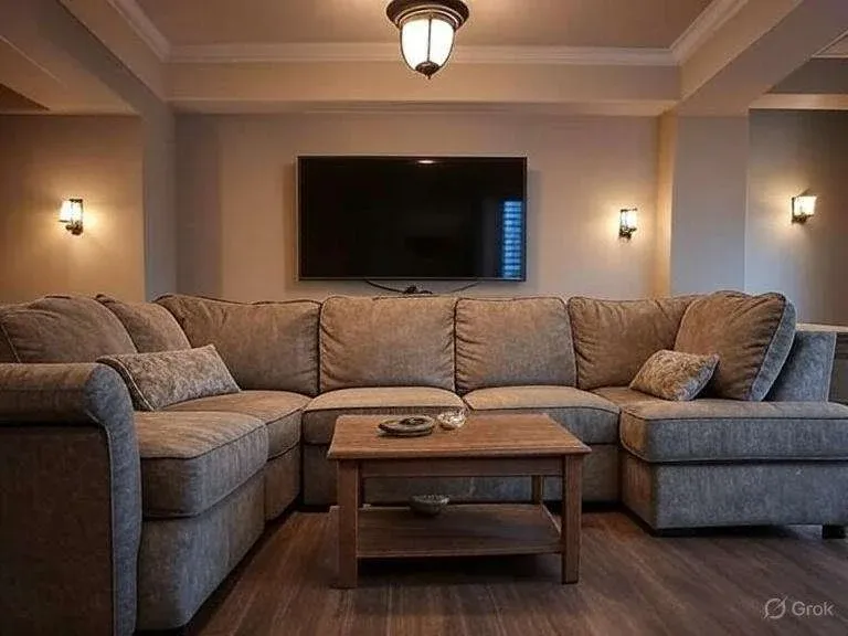 A cozy living room with a large gray sectional sofa and wooden coffee table. A wall-mounted TV and warm lighting create an inviting atmosphere.