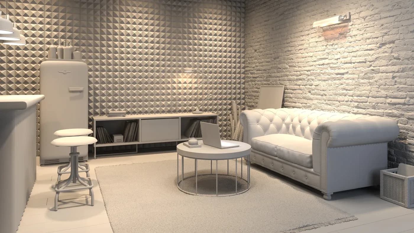 A modern, monochromatic room with a tufted white sofa, round coffee table, and retro fridge. Textured walls and soft lighting create a cozy, minimalist ambiance.