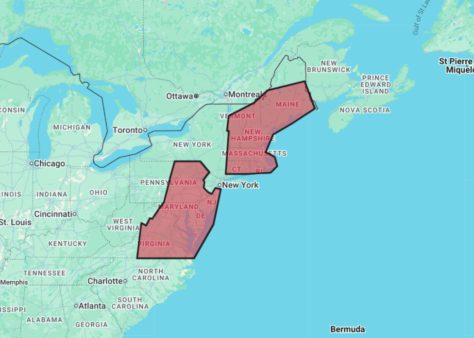 Map highlighting U.S. Northeast regions, including Virginia to Maine, shaded red. Cities like New York and Montreal are marked, surrounded by blue water.