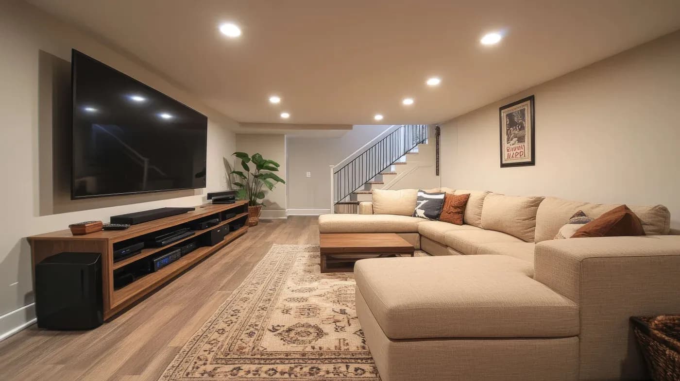 A cozy basement living room with a large beige sectional sofa, a flat-screen TV on a wood stand, a patterned rug, and soft overhead lighting. Warm ambiance.