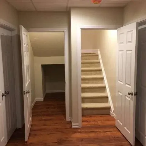 Two open doors reveal a staircase leading up and a small, low-ceilinged closet. The space has wooden floors and a calm, neutral tone.