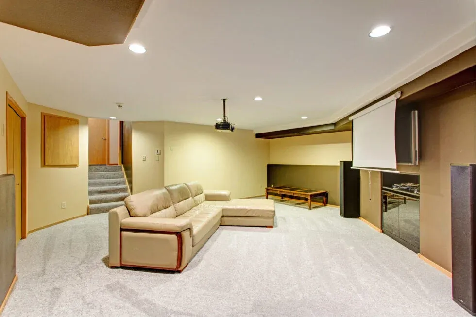 Spacious home theater room with a beige sectional sofa, carpeted floor, ceiling projector, and a wall-mounted screen. Neutral tones and cozy ambiance.