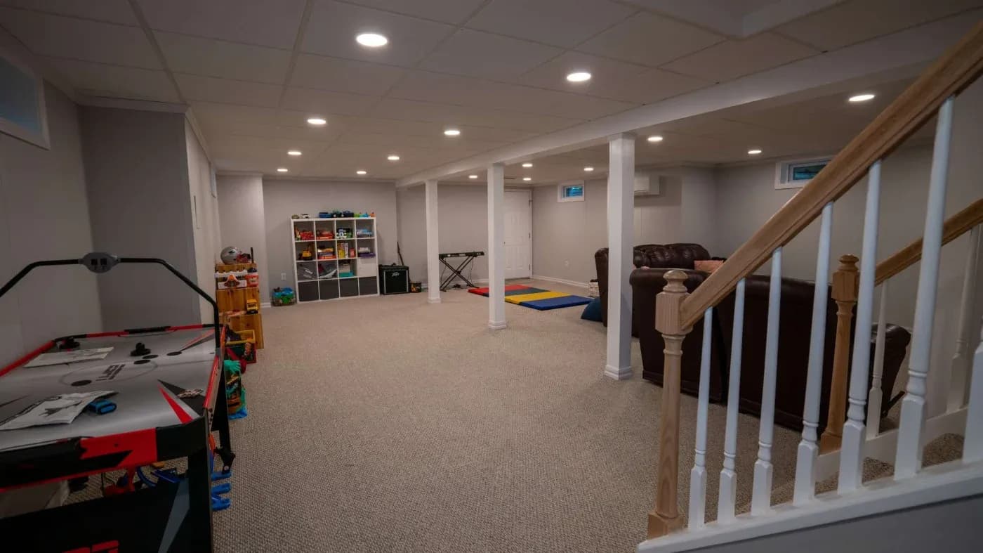 Spacious basement with soft lighting, beige carpet, and white walls. Features a couch, air hockey table, toy shelves, colorful play mat, and stairs.