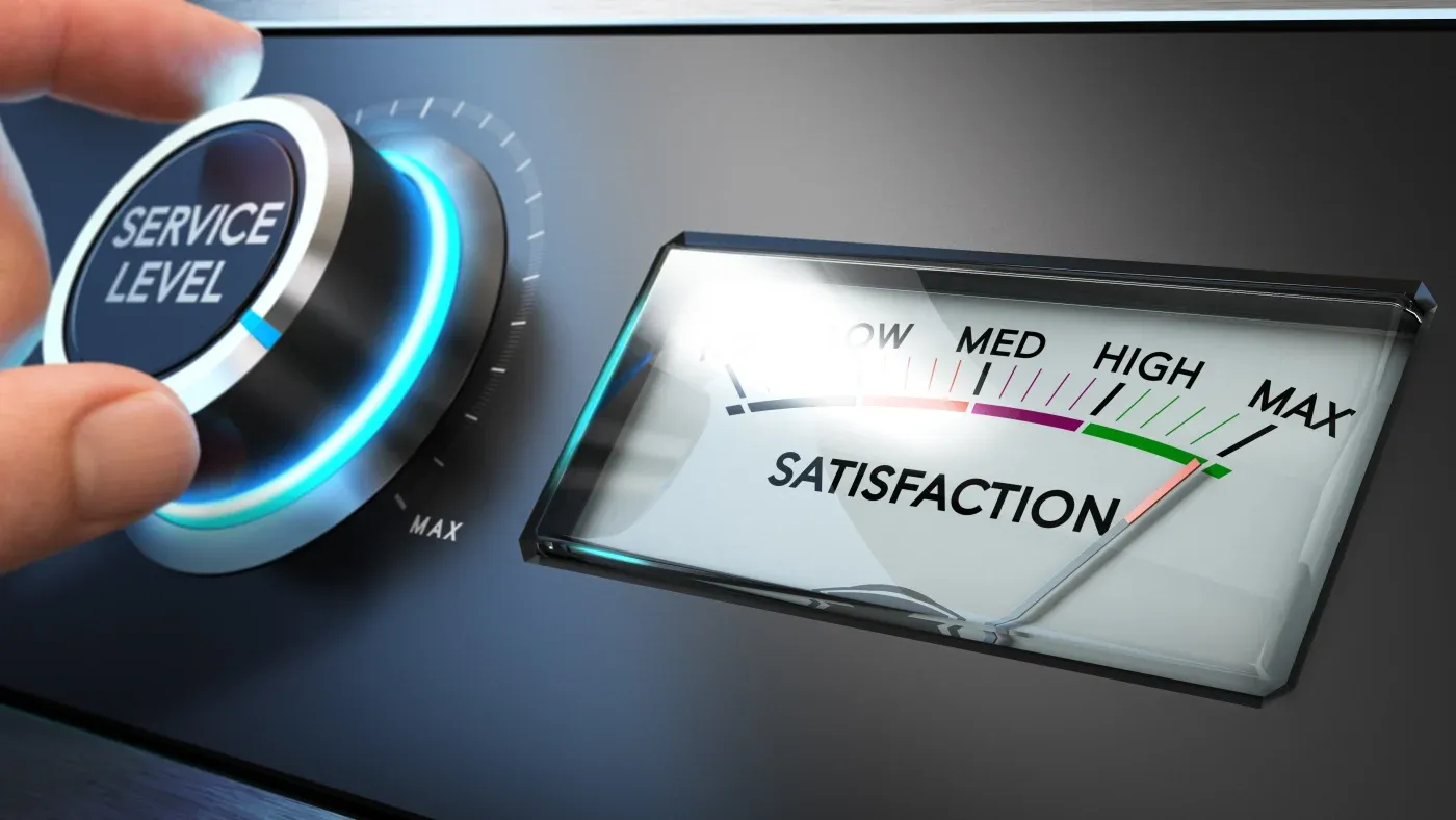 A hand adjusts a glowing knob labeled "Service Level" towards max, next to a meter showing "Satisfaction" with a needle pointing to "Max". The scene conveys customer satisfaction enhancement.