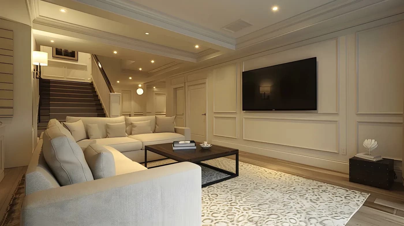 Spacious, elegant living room with beige walls, a large sectional sofa, and a wall-mounted TV. Soft lighting creates a warm, inviting atmosphere.