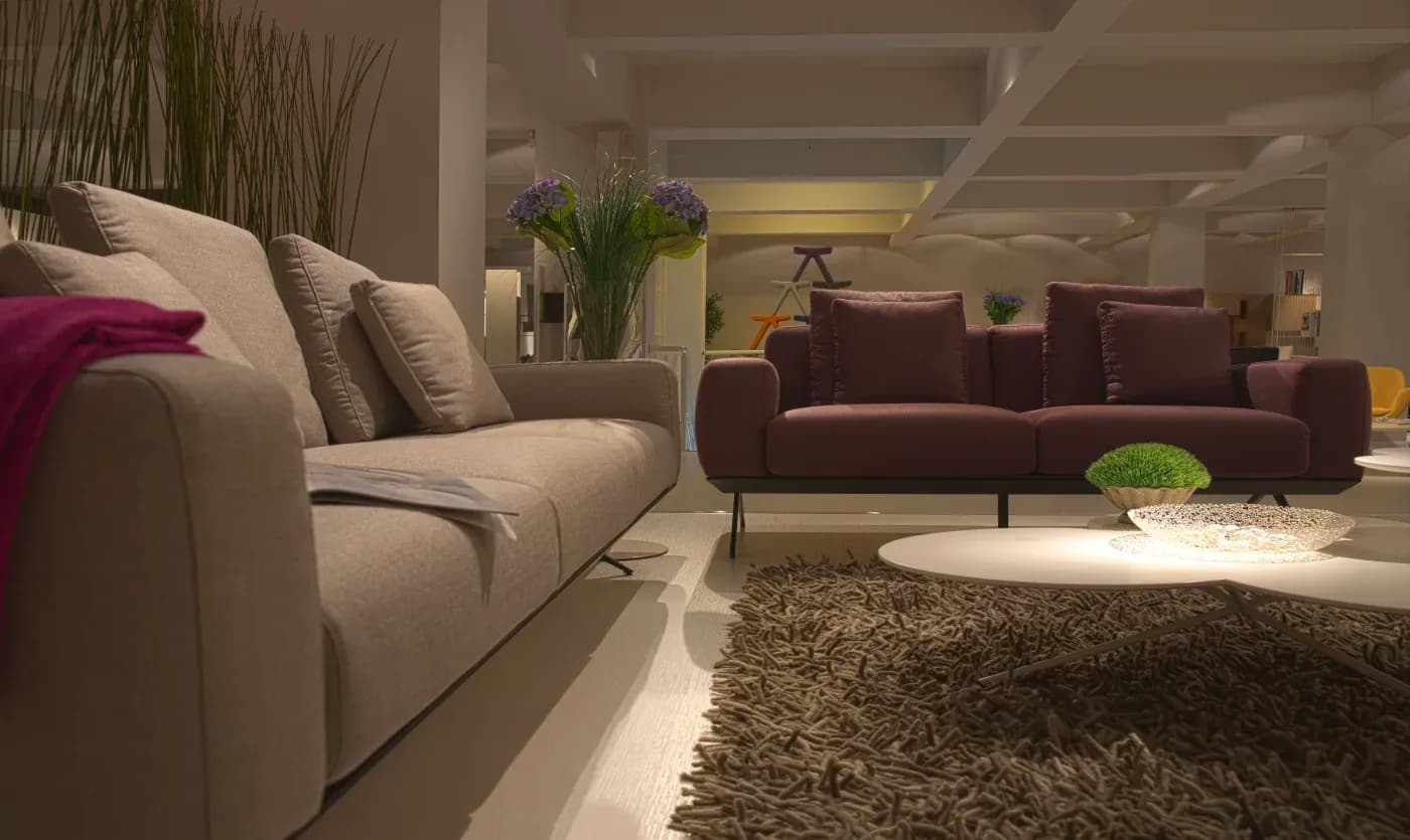 A modern living room with a beige sofa and a purple couch, accented by a shaggy brown rug and a round white coffee table. Soft lighting and plants add warmth.