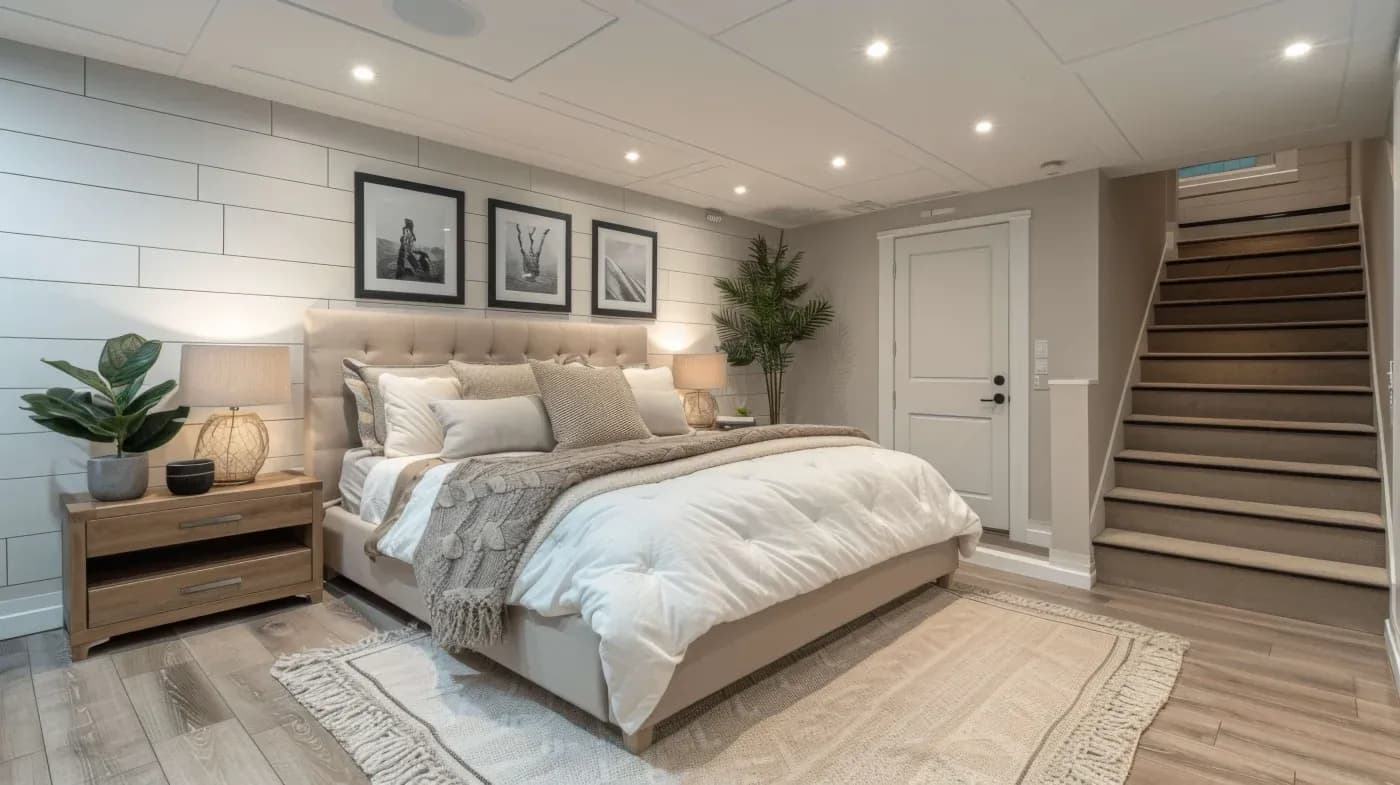 Stylish bedroom with a plush bed, neutral tones, textured blankets, and framed black-and-white art. Warm lighting and a cozy, inviting atmosphere.