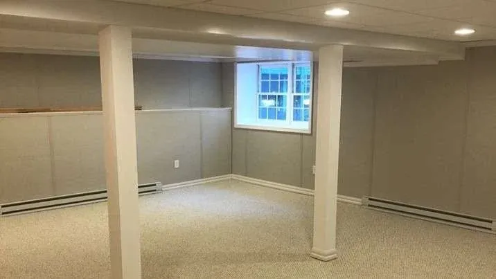 A spacious, empty basement with beige carpet and light grey walls. Two support columns divide the room. A small window lets in natural light.
