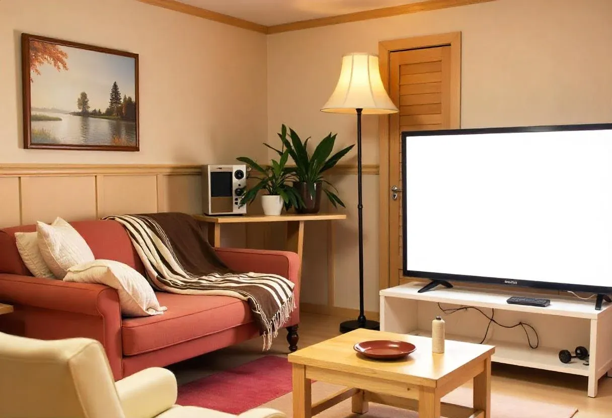 A cozy living room with a warm-toned sofa featuring pillows and a striped blanket. A potted plant, floor lamp, and large TV add to the inviting atmosphere.