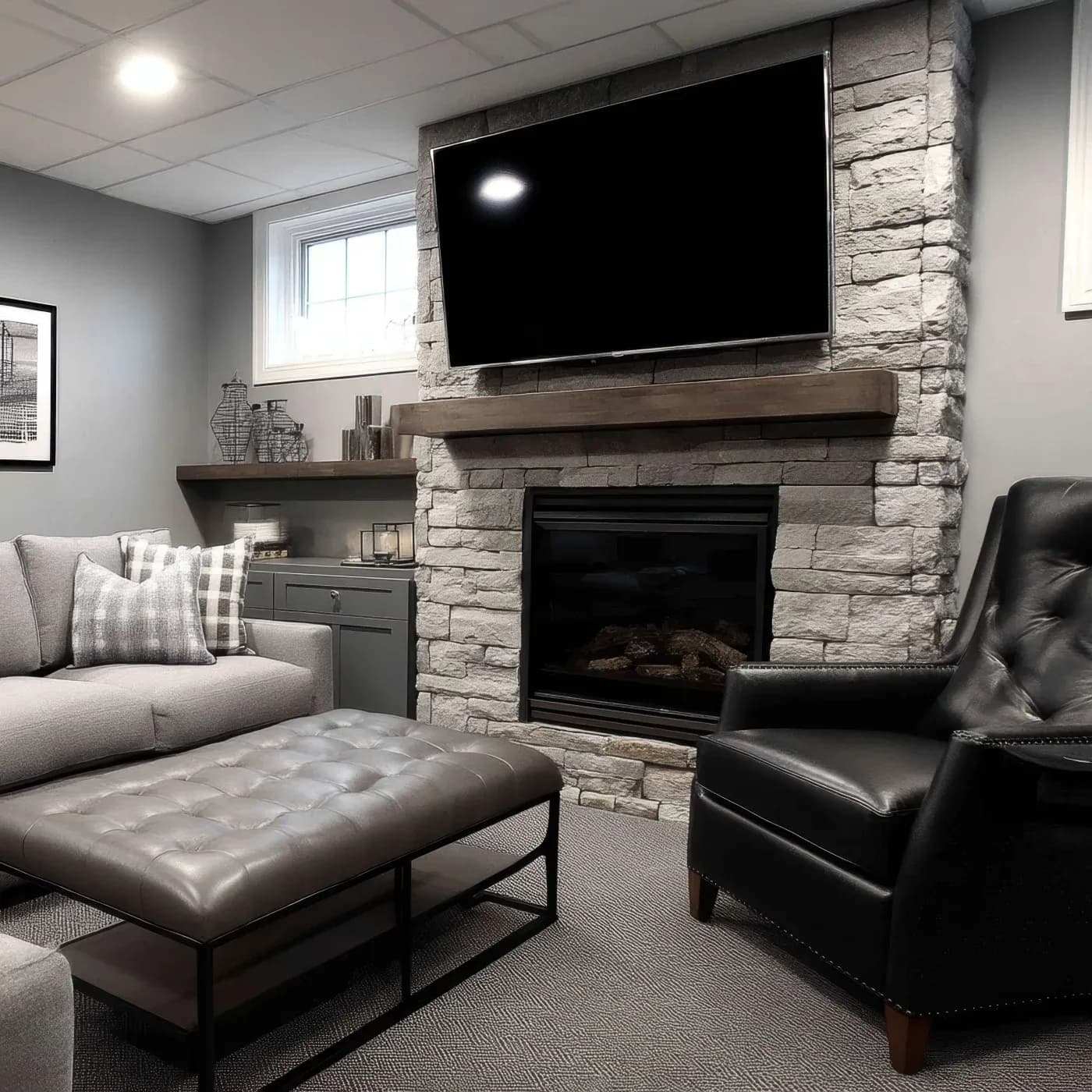 Modern living room with gray tones, featuring a stone fireplace with a TV above. A gray sofa, plaid pillows, and a tufted ottoman add comfort.