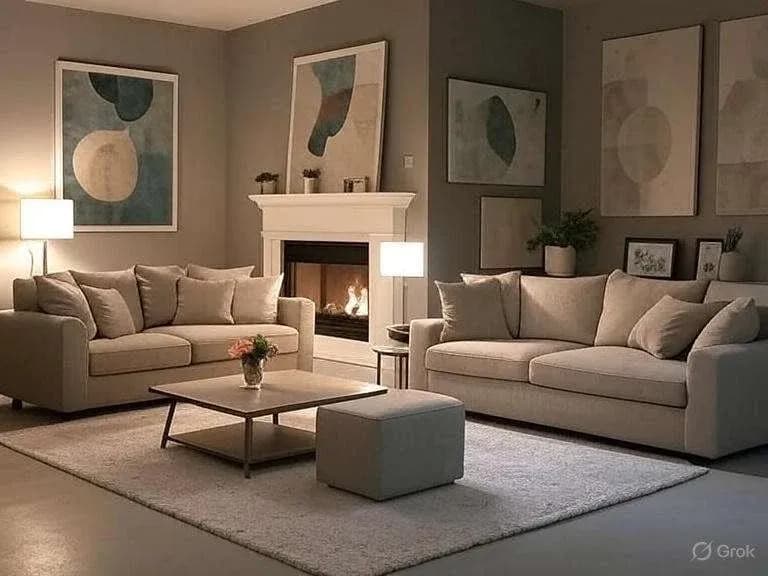 A cozy living room with a warm ambiance. It features beige sofas, a lit fireplace, abstract art on gray walls, and soft lighting from lamps.