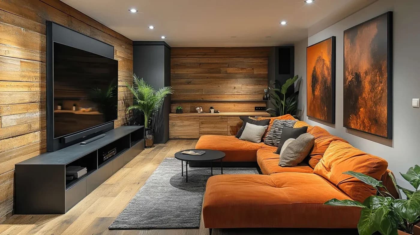 A modern living room with wooden walls, featuring an orange sectional sofa and black coffee table. Large TV opposite the sofa; orange abstract art on the wall.