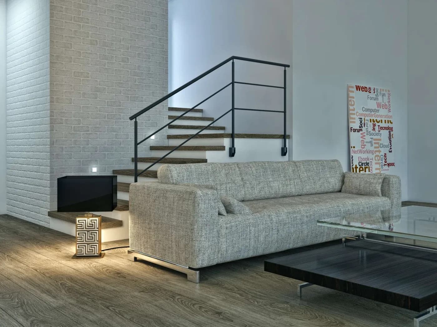 Modern living room with a gray sofa, wooden floor, and a glass coffee table. A staircase with a black railing is visible, alongside a word art canvas.