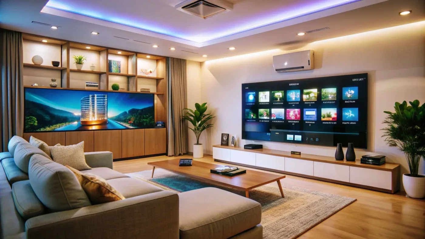A modern living room with ambient lighting, featuring two large flat-screen TVs on wooden cabinets, a cozy sectional sofa, and green plants, creating a sleek, comfortable atmosphere.