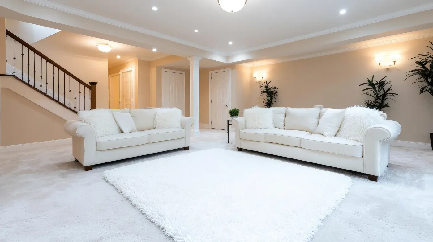 A spacious, elegantly lit living room with two white sofas facing each other on a soft white carpet. The room features beige walls, plants, and a staircase.