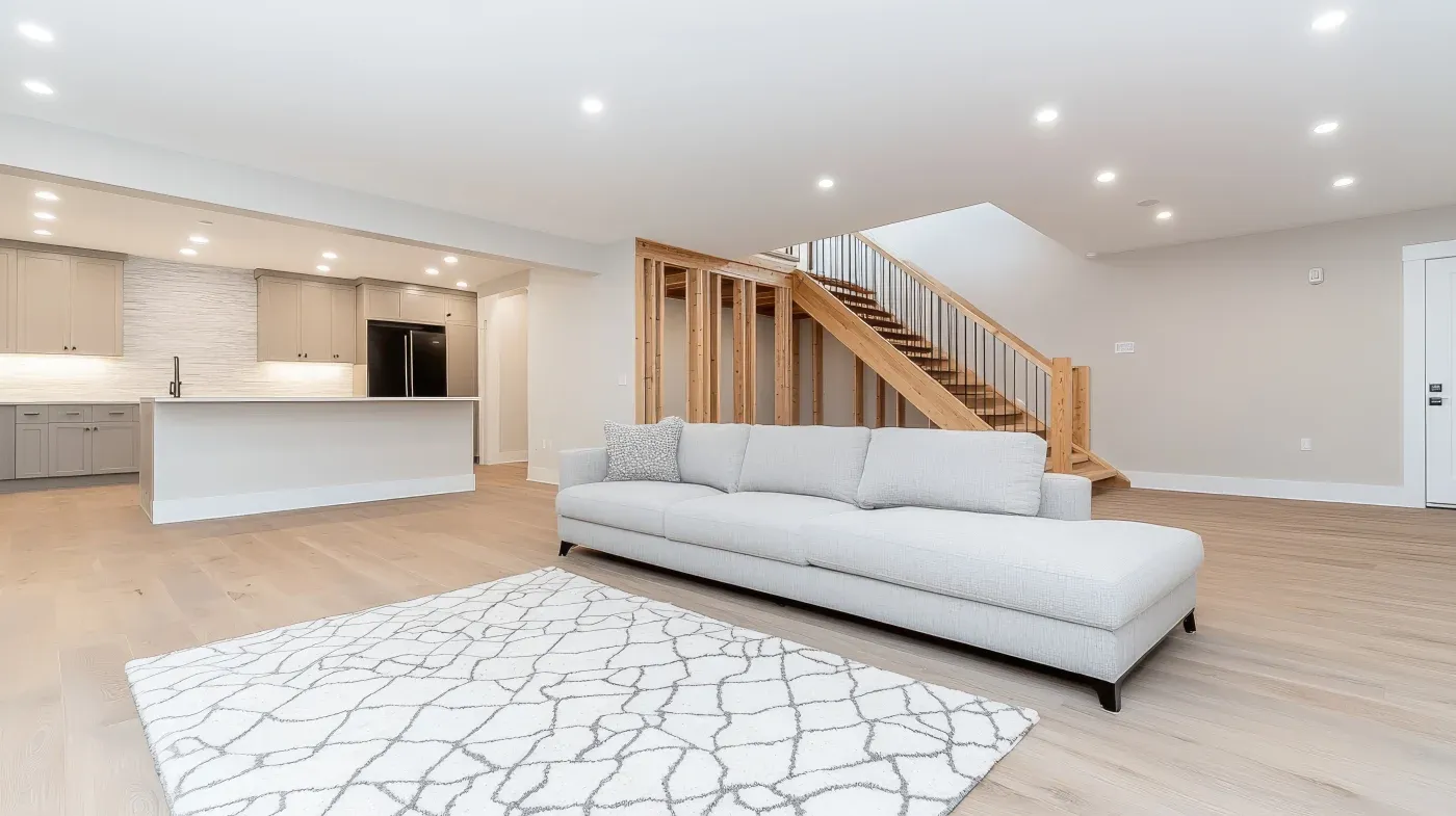 Spacious modern living area with a light gray sofa, patterned rug, and wooden staircase. Open kitchen with beige cabinets and island in background. Bright, minimalistic feel.