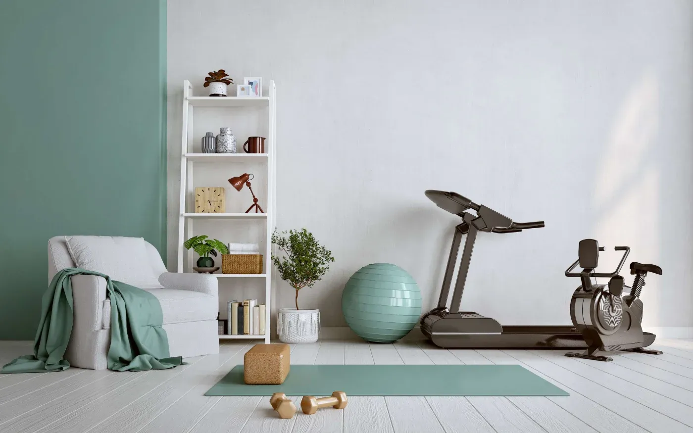 A minimalist home gym with a treadmill, exercise bike, and yoga mat on light wood floors. A green accent wall, cozy chair, bookshelf, and plants create a calming vibe.
