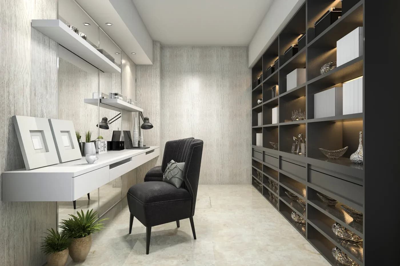 Modern home office with a sleek black chair, white desk, and shelves. Opposite, dark shelves showcase decorative items, creating a tidy, elegant ambiance.