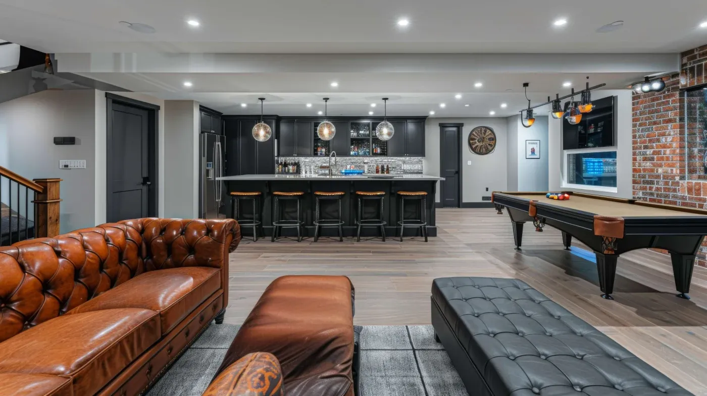 A stylish basement lounge features brown leather sofas, a pool table, and a sleek black bar with hanging lights. The ambiance is modern and inviting.