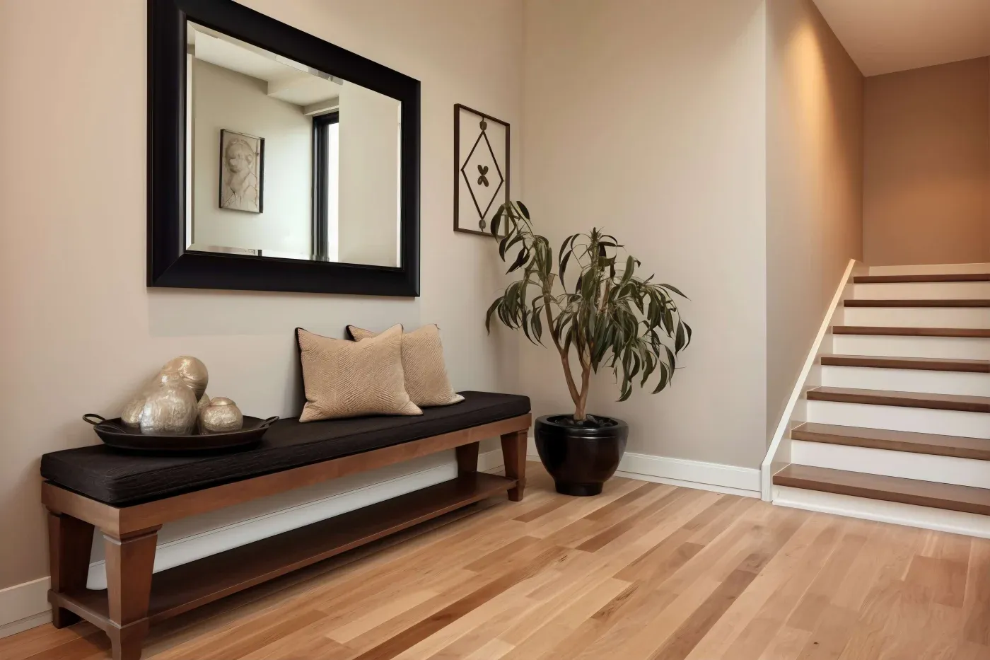 A minimalist hallway features a black-framed mirror above a wooden bench with beige cushions. A potted plant and stairs with wooden treads add warmth.