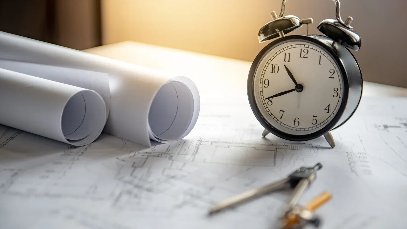 An alarm clock sits on architectural blueprints next to rolled-up paper, with a compass nearby. The scene conveys a sense of time and planning.
