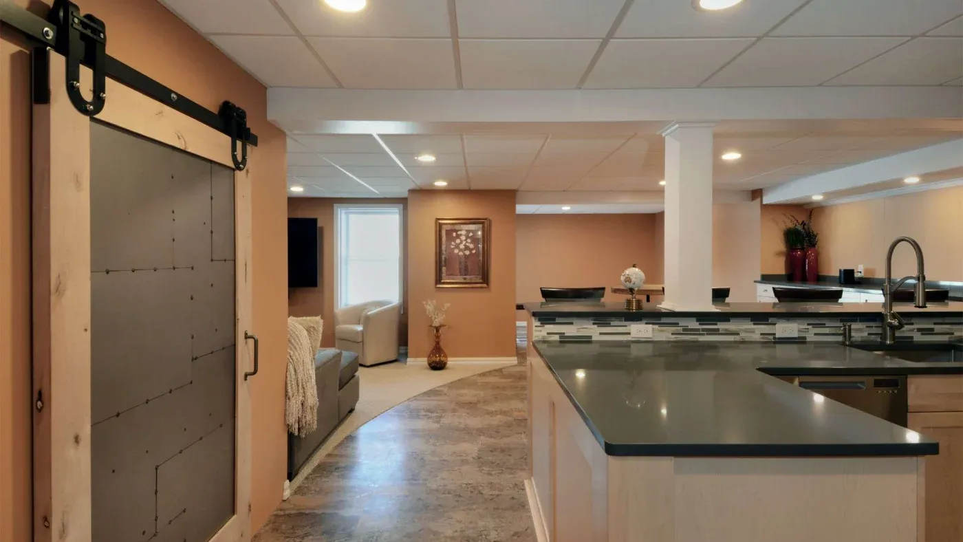 A modern basement featuring a sleek kitchen with a dark countertop and mosaic backsplash. Cozy seating area visible, warm lighting, and a stylish barn door.