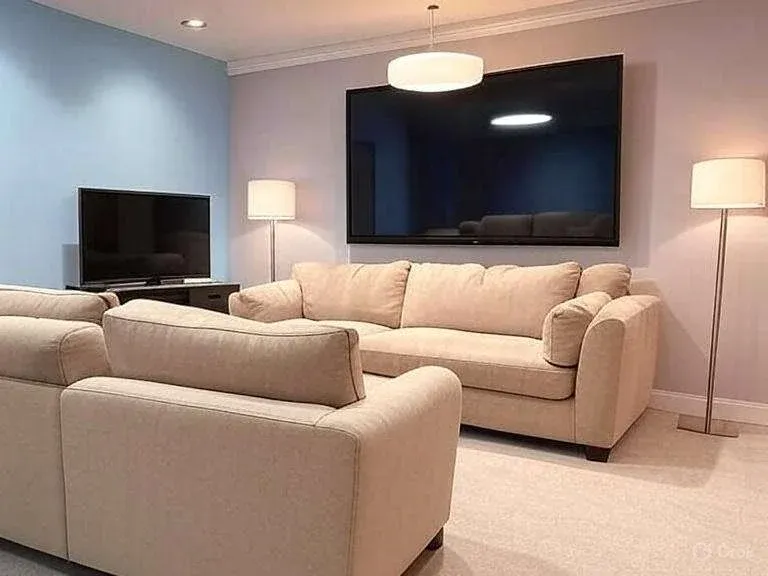 A cozy living room with beige sofas facing a large wall-mounted TV. Soft lighting from floor lamps creates a warm, inviting atmosphere.