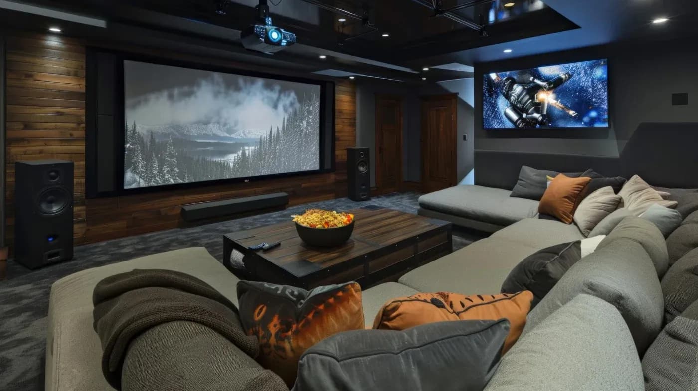 A cozy home theater with a large screen displaying a snowy forest. Plush gray sofas are arranged around, with colorful cushions and a bowl of popcorn on the table.