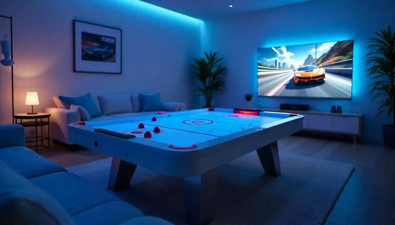 Modern game room with dim blue lighting, featuring a central air hockey table, sleek sofa, cozy lamp, and large TV displaying a racing game.