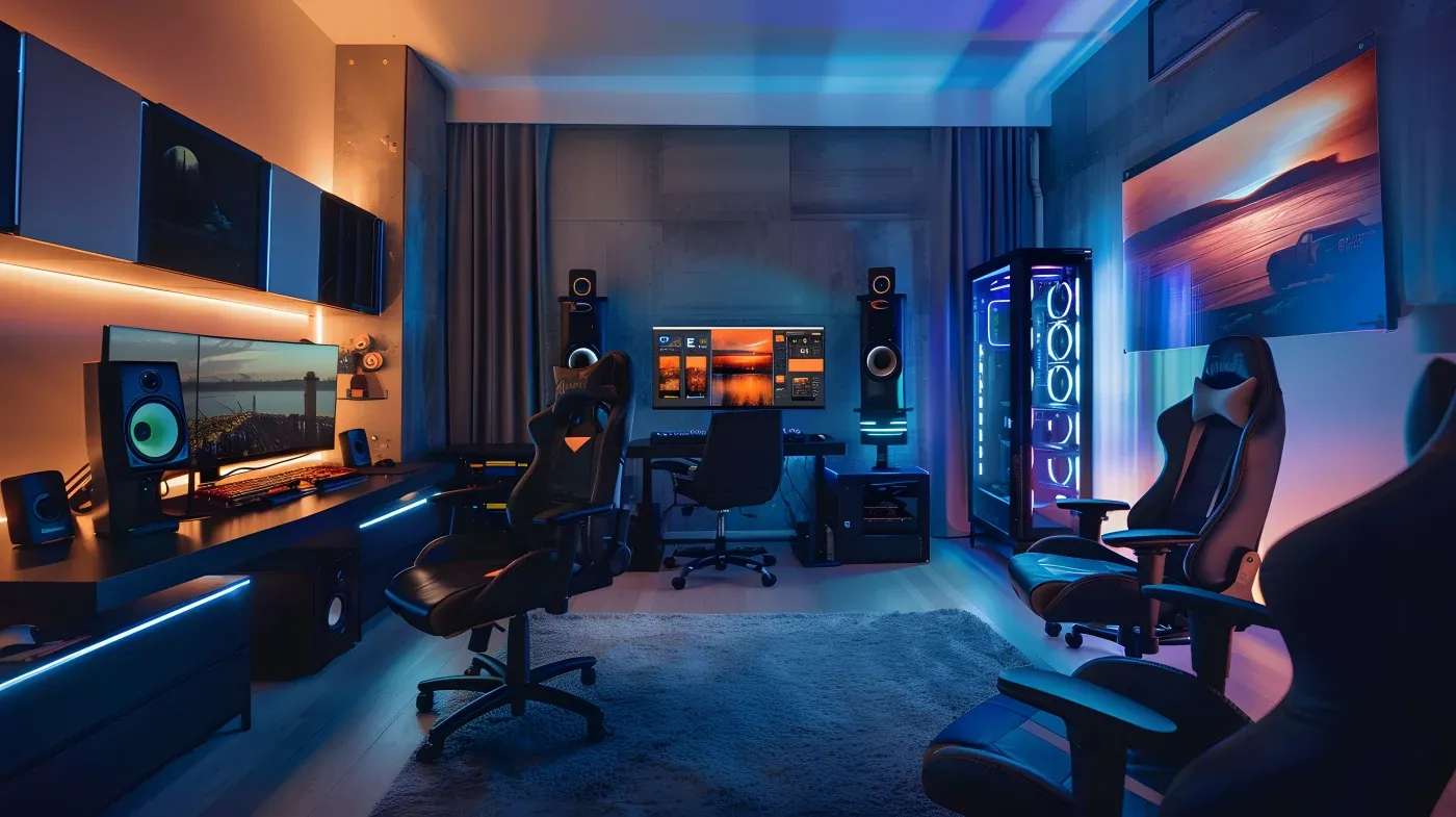 Sleek gaming room with multiple monitors, gaming chairs, and LED lights. Blue and orange tones create a futuristic, immersive atmosphere.