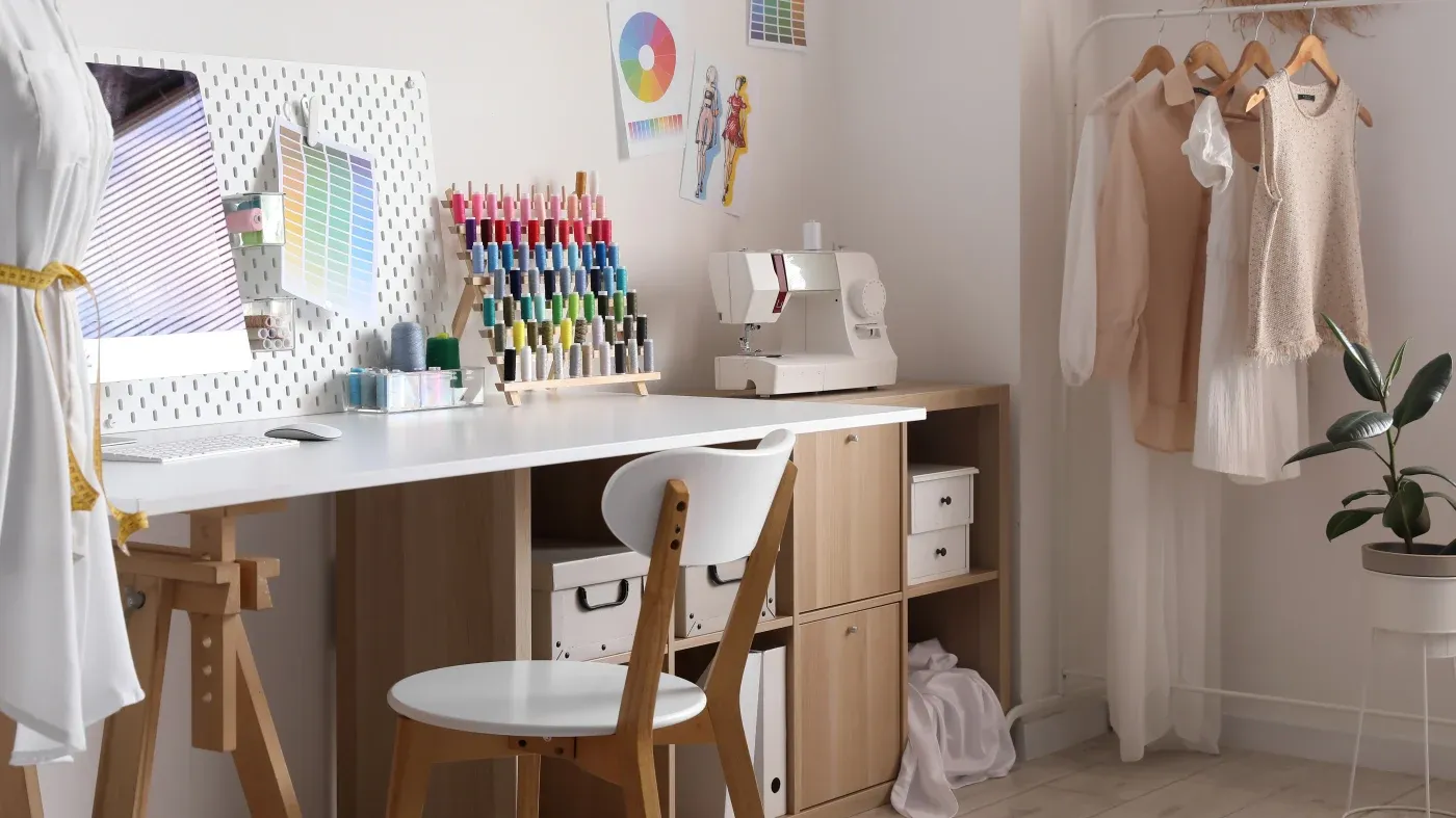 A stylish sewing room features a desk with threads organized by color, a sewing machine, fabric swatches, and a pegboard. Clothes hang neatly nearby.