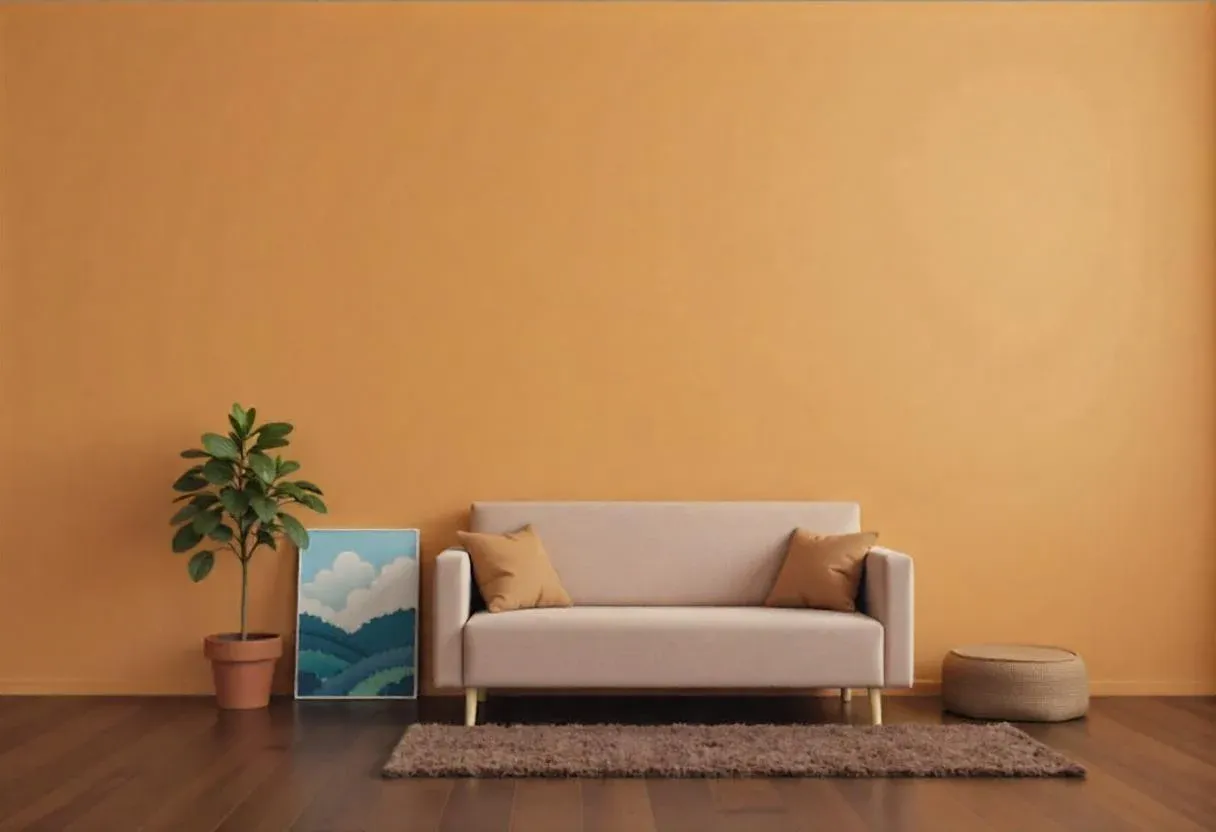 A minimalist living room with a beige sofa and brown cushions against a warm orange wall, a tall plant, abstract art, and a round pouf on a wooden floor.